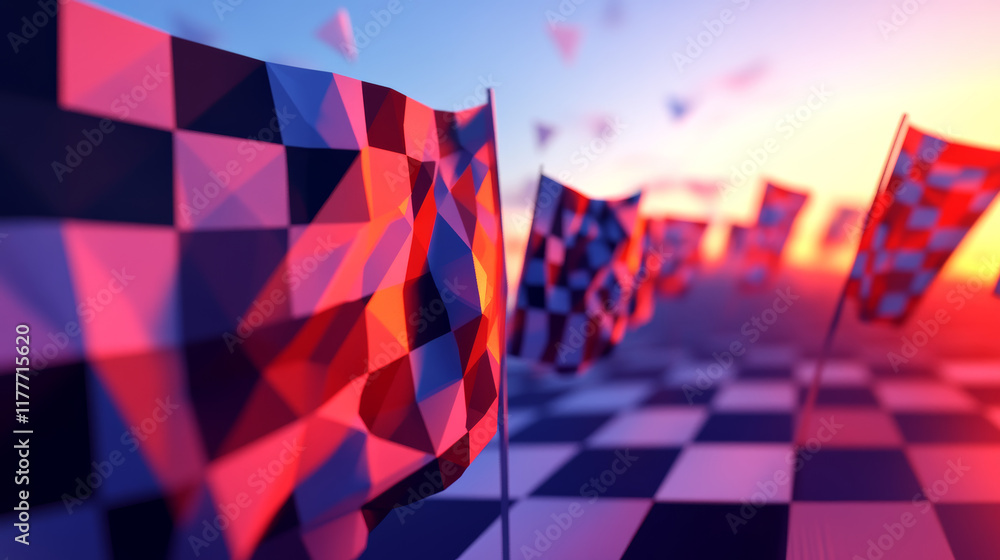Poster the hologram race. race flags made up of polygons, triangles of points, and lines. racing flags are 