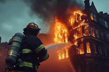 Firefighter spraying water on a burning building.