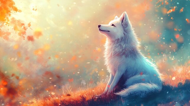 White fox autumn forest sunlit leaves digital art