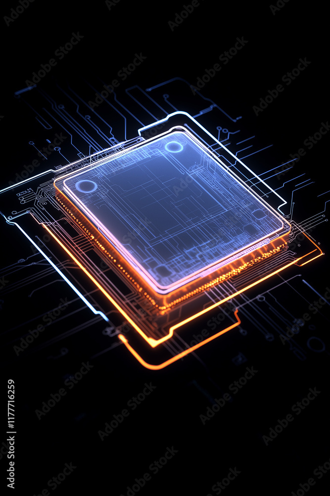 Poster cpu processing data on motherboard with futuristic lighting effects