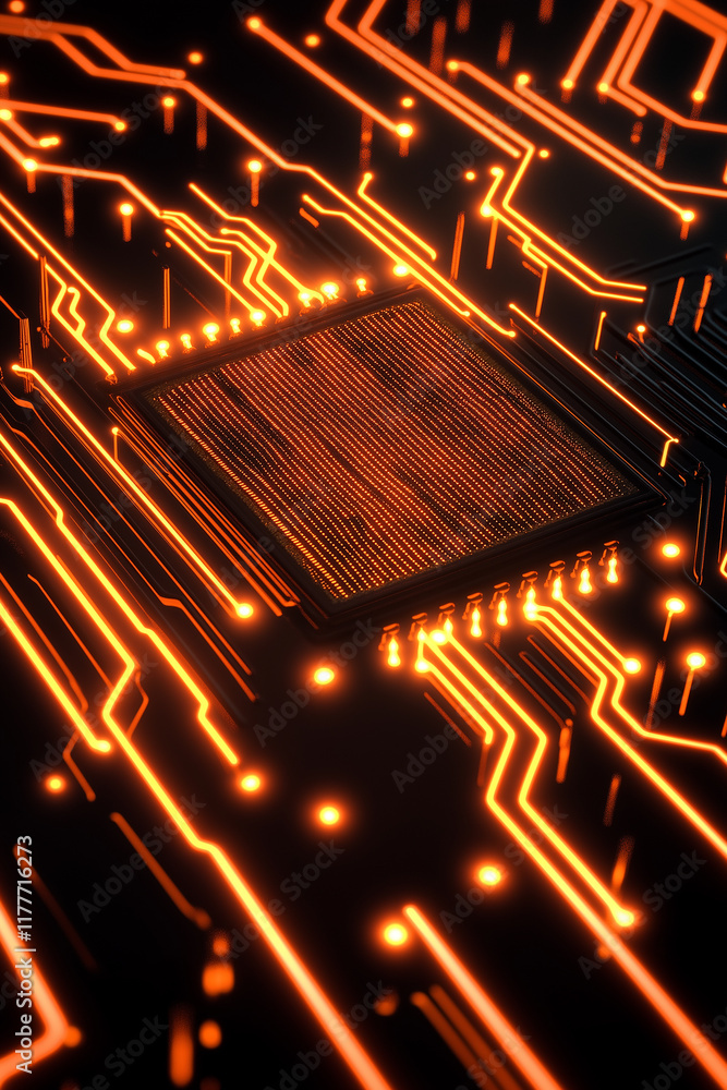 Poster orange glowing electronic circuit board with cpu processing data