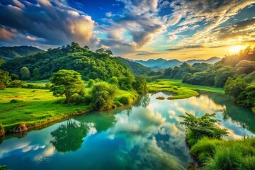 Serene Landscape: Gradual Color Shift from Light Green to Deep Blue, Nature Photography