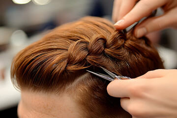 Naklejka premium Close-up of a barber meticulously cutting and styling a man's red hair with glitter, showcasing precision and expertise in a barbershop setting.