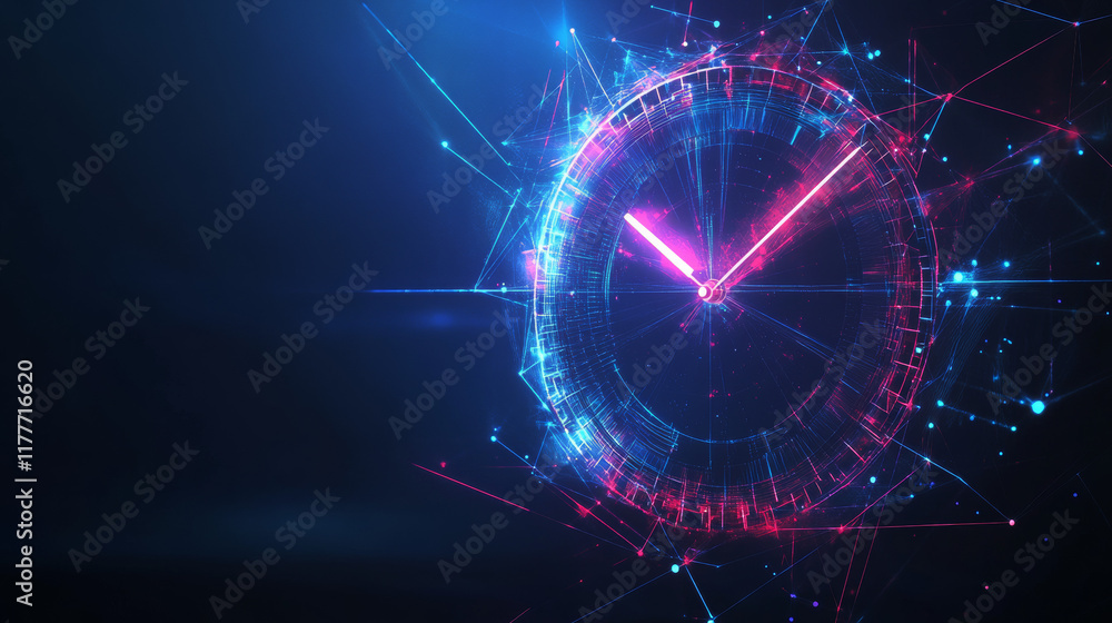 Poster hologram clock face. clock face made of polygons, triangles, dots, and lines. low-poly clock face st
