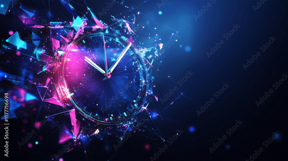 Poster hologram clock face. clock face made of polygons, triangles, dots, and lines. low-poly clock face st