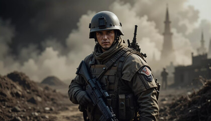 Naklejka premium A lone soldier stands amidst the ruins of war, a stark image of conflict and resilience.