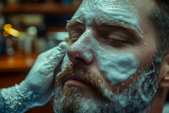 Close-up of a man's face covered in shaving foam during a professional grooming session at a barbershop