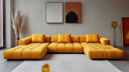 Modern living room, minimalist interior design, large yellow modular sofa, L-shaped couch, textured fabric, white walls, abstract wall art, orange and black artwork, wooden floor lamp, dried pampas 