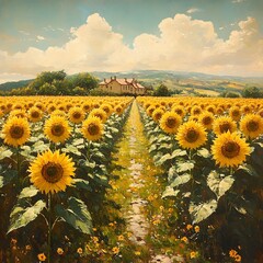 Obraz premium Sunlit Sunflower Field in Impressionistic Style Capturing Serene Rural Landscape