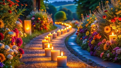 Serene Path: Illuminated Flower Road with Copy Space for Text