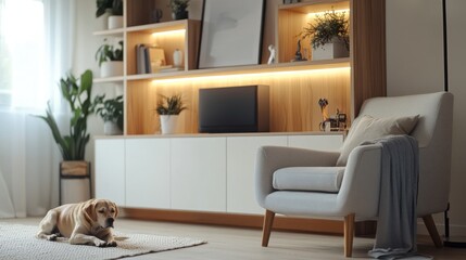 Dog relaxing on rug in modern living room with built-in shelving and armchair.