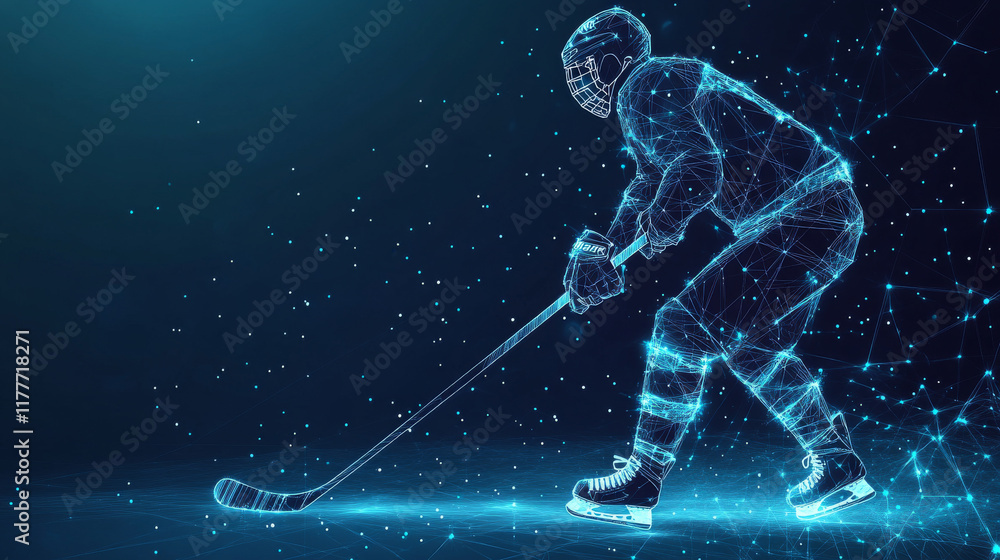 Poster hockey player consists of points, lines and triangles. the polygon shape in the form of a silhouette