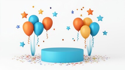 Colorful balloons and confetti create a festive celebration scene.