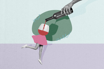 Composite creative art collage of anonym girl instead body wineglass bottle hand waiter pour wine...