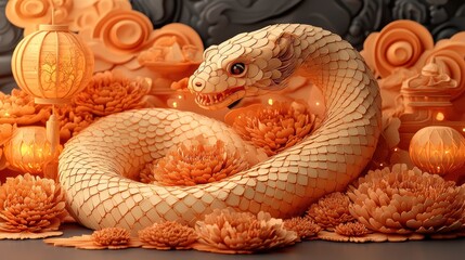 Fototapeta premium Artistic Representation of a Snake Entwined with Traditional Elements