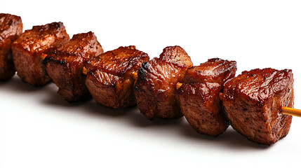 Closeup of smoky grilled chicken hearts on skewers, rich and flavorful market setting