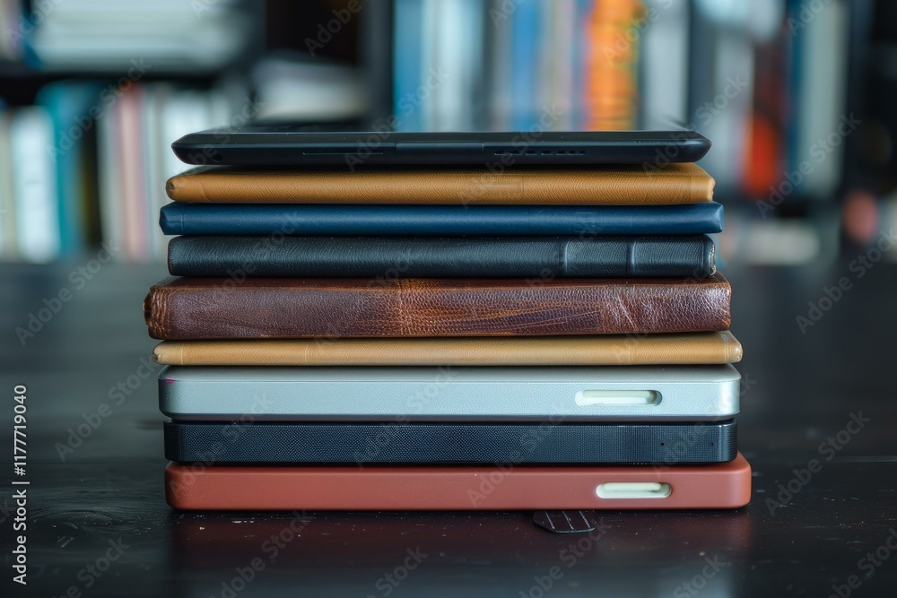 Poster stack of e readers and leather bound books is sitting on a table with a blurred bookshelf in the bac