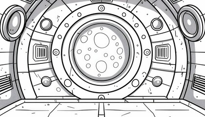 Obraz premium A spaceship hallway with a large circular door. Ideal for games comics or children's books.