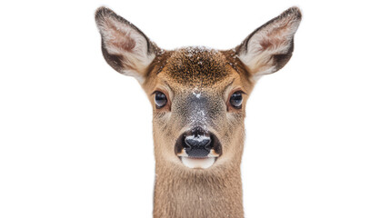 Fototapeta premium Close-Up Portrait of a Curiously Looking Deer with Snow on Its Nose Against a White Background, Capturing the Beauty and Detail of Wildlife in Winter Settings