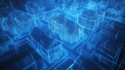 Fototapeta premium 3D render of a building vector. The contours of houses on a blue drawing