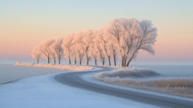Frosty winter road winding through trees at sunrise.