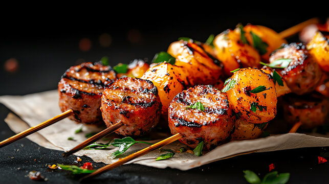 Closeup of smoky grilled sausage and potato skewers, rustic outdoor food stall