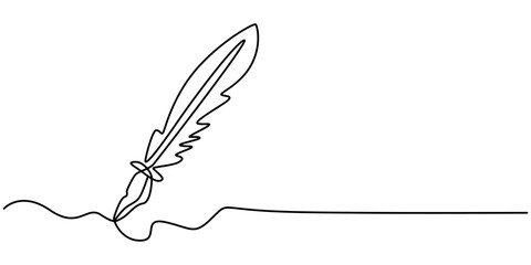 Continuous one simple single abstract line drawing of vintage fountain pen with inkwell icon in silhouette on a white background. Linear stylized, Continuous one simple single abstract line drawing.