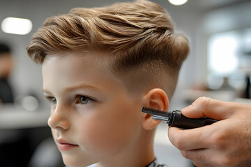 A young boy receiving a stylish haircut at a barbershop. The barber uses clippers and a brush to create a textured, short style. The boy looks attentive and content during his grooming session.