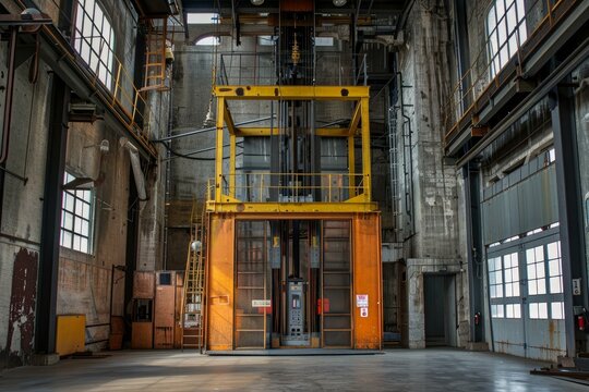 Large industrial freight elevator sits idle in the middle of an abandoned factory building