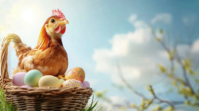 Chicken laying colorful eggs in a woven basket surrounded by grass under a sunny sky Easter - Powered by Adobe