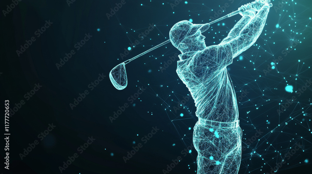 Poster a hologram of golf. golfer of polygons, triangles of points and lines. golf is a low poly connection