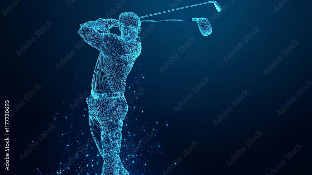 Poster a hologram of golf. golfer of polygons, triangles of points and lines. golf is a low poly connection