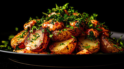 Closeup of Spanish patatas bravas with spicy sauce, lively outdoor food stall