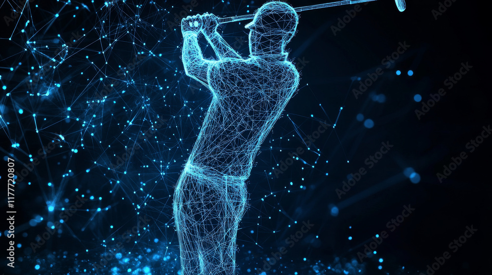 Poster a hologram of golf. golfer of polygons, triangles of points and lines. golf is a low poly connection