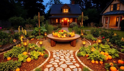Obraz premium A beautiful, round garden with vegetables and fruits in the center of which is an old wooden table surrounded by flowers, lanterns, and warm lighting