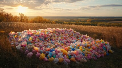 Fototapeta premium Colorful Bags Piled in Nature at Sunset