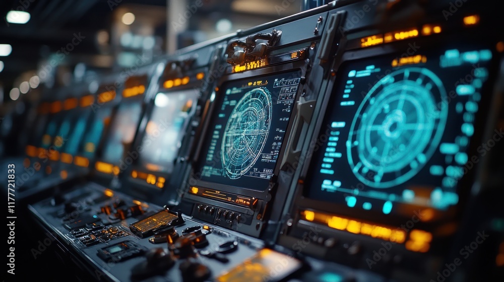 Poster futuristic spaceship control panel interface.