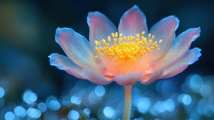 Glowing blue and pink flower with yellow center.
