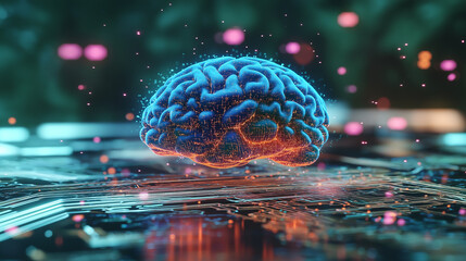Artificial intelligence brain floating over motherboard is processing data