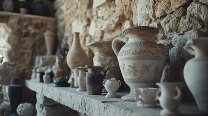 A Collection of Antique Pottery and Vessels on Display on a Stone Shelf in a Rustic Setting, Showcasing Craftsmanship and History