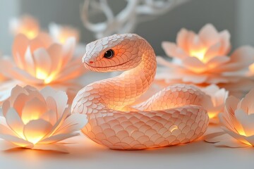 Fototapeta premium Artistic Paper Snake Wrapped with Flowers in Tranquil Settings