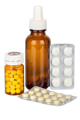 Medical bottle mockup with pills and capsules, transparent PNG isolated on white, pharmaceutical container for health supplements, prescription drugs, 2025 promotion photo for social media ads and dow