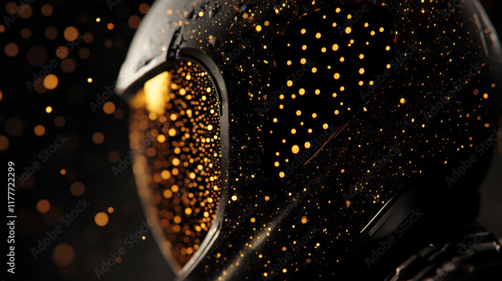 Poster working of the particles. working in a helmet that consists of points and circles. vector illustrati
