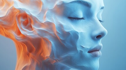 A woman's face is shown in a blue and orange color scheme