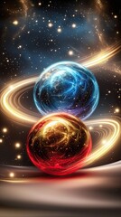 Obraz premium Abstract Cosmic Visuals Depicting Gravitational Interaction of Three Bodies, a neon light photography image of bright orbs radiating intense red, blue, and gold lights, interacting through luminous.