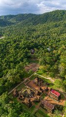 Aerial view of My Son ruin, it is a cluster of abandoned and partially ruined Shaiva Hindu temples in central Vietnam, constructed between the 4th and the 13th century by the Kings of Champa