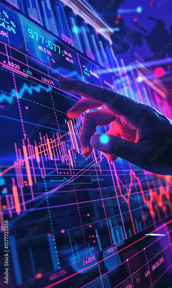Poster exploring market trends and data analysis through digital graphs and charts