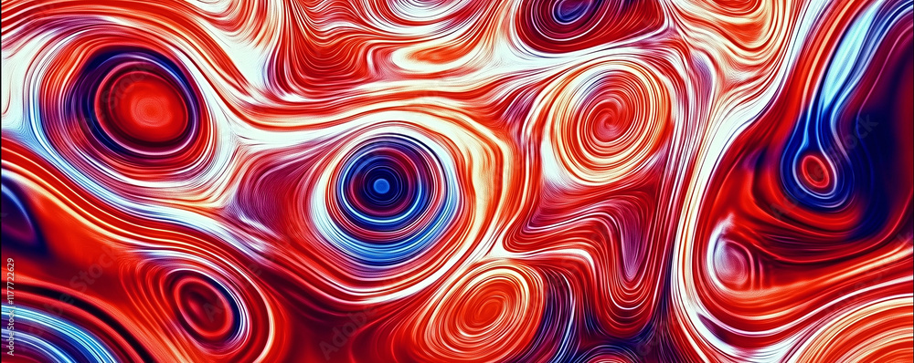 Poster swirling red white and blue abstract design creating concentric circles