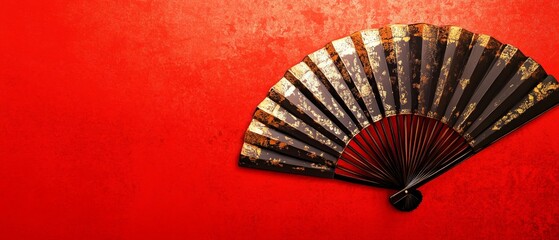 A beautiful decorative fan with gold accents on red background, perfect for celebrations