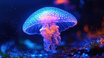 Glowing jellyfish underwater with vibrant colors.